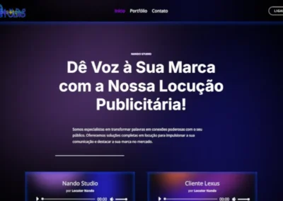 Print do Site Nando Studio de Locução, Dê Voz à Sua Marca com a Nossa Locução Publicitária!, fundo roxo escuro.